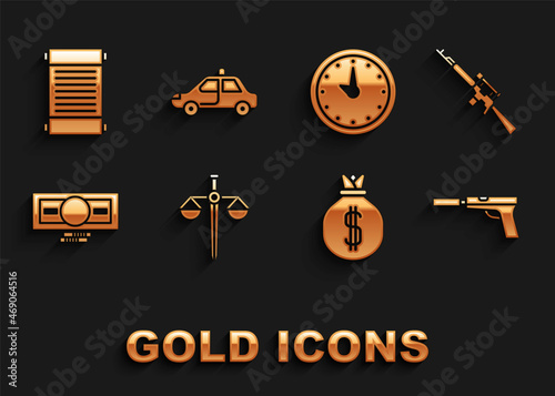 Set Scales of justice, Sniper rifle with scope, Pistol or gun silencer, Money bag, Stacks paper money cash, Clock, Decree, paper, parchment, scroll and Police car and flasher icon. Vector