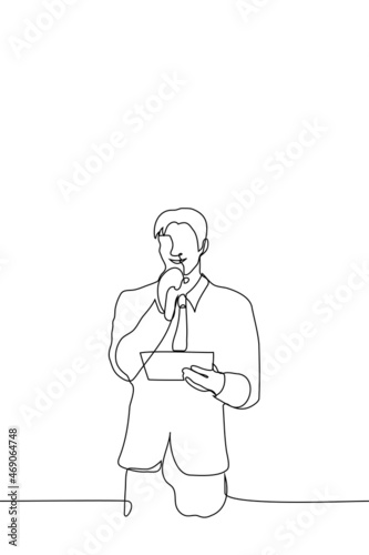 male event presenter smiling speaking into microphone in hand program of event - one line drawing vector. concept of announcing performance in concert; announcement of victory in nomination at awards