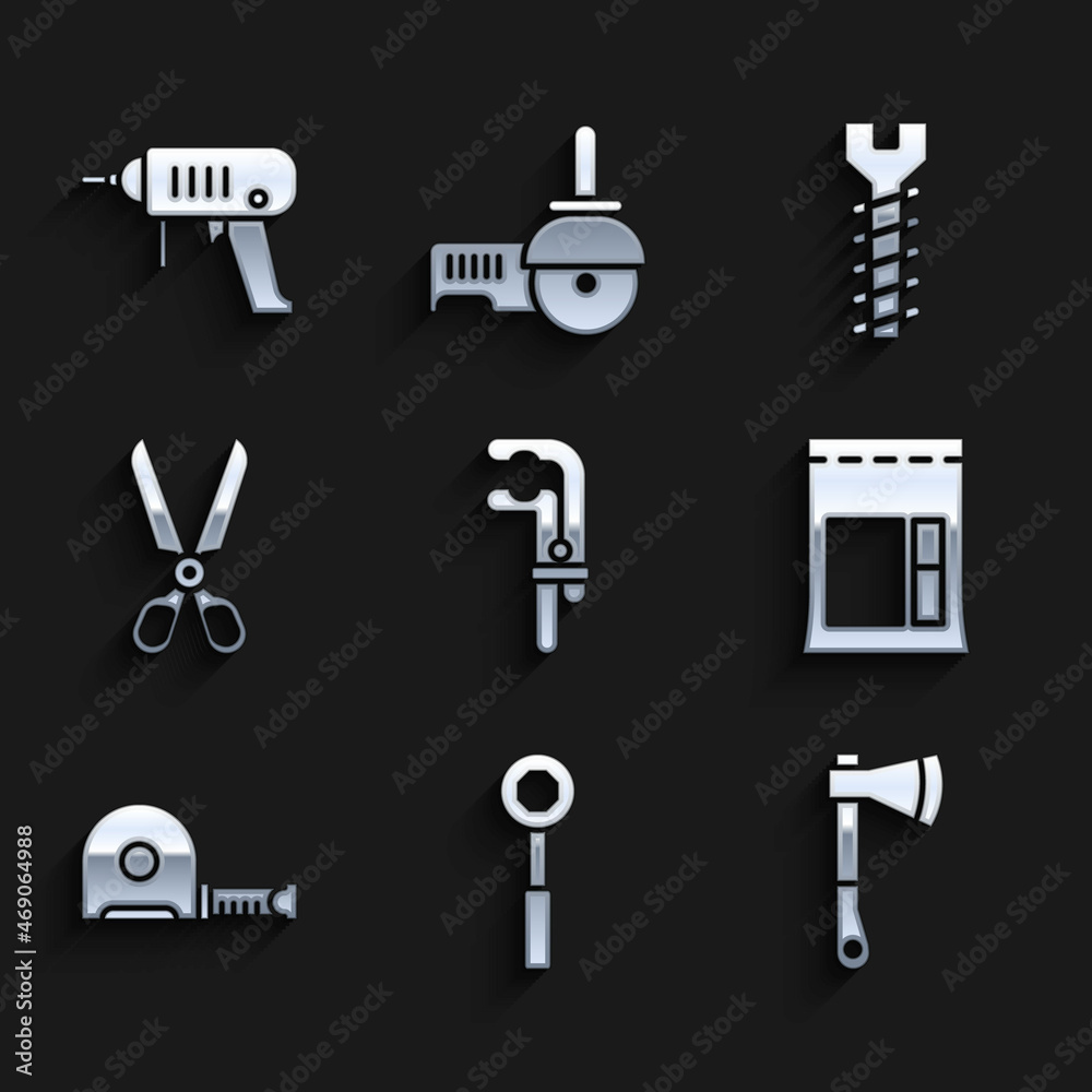 Set Clamp tool, Wrench spanner, Wooden axe, Cement bag, Roulette construction, Scissors, Metallic screw and Electric drill machine icon. Vector