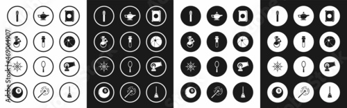 Set Ancient magic book, Bottle with love potion, Magic staff, Beach ball, lamp or Aladdin, Cannon and Spider web icon. Vector