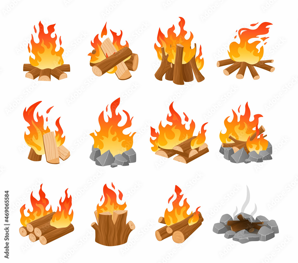 Cartoon campfire. Outdoor firewood. Forest fireplace with burning logs. Fire lighting. Night camp flaming and extinct bonfire. Fuel wood ignition. Vector isolated blazing lumbers set Cartoon campfire. Outdoor firewood. Forest fireplace with burning logs. Fire lighting. Night camp flaming and extinct bonfire. Fuel wood ignition. Vector isolated blazing lumbers set