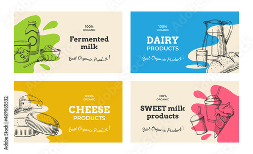 Dairy food poster. Hand drawn milk products label. Organic meal package design with engraving sketch of butter cheese and sweet yogurt. Fresh milky nutrition. Vector square stickers set