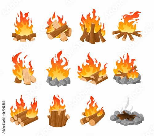Cartoon campfire. Outdoor firewood. Forest fireplace with burning logs. Fire lighting. Night camp flaming and extinct bonfire. Fuel wood ignition. Vector isolated blazing lumbers set