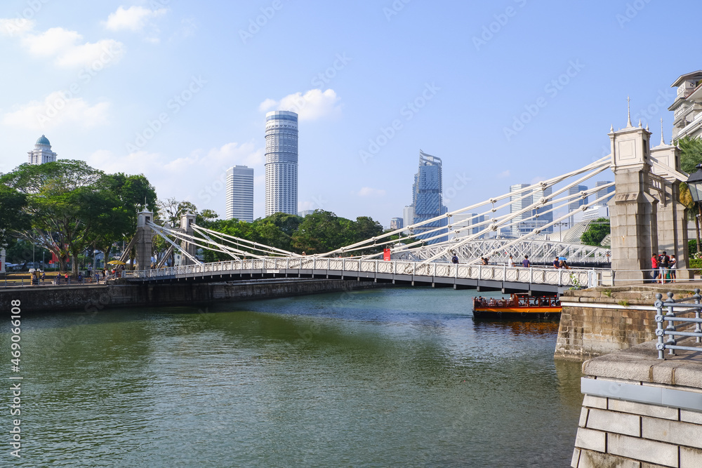 Cavenagh bridge at Singapore river near Merlion Park is a famous landmark in Singapore