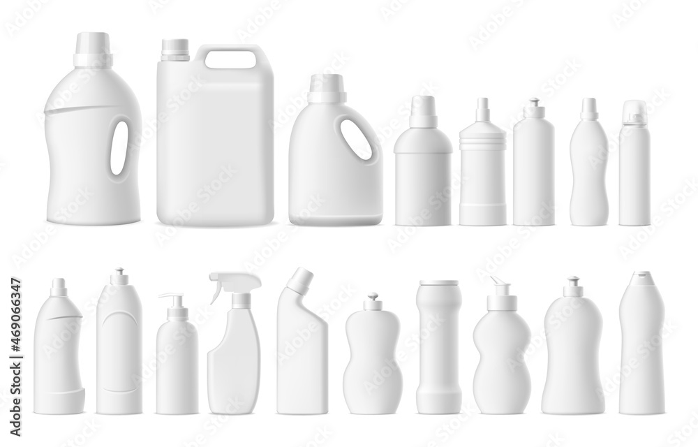 Household chemicals. Realistic cleaning and washing detergent blank bottles mockup. Dishwasher and liquid soap containers template. Plastic tubes stain remover. Vector cleansers set Household chemicals. Realistic cleaning and washing detergent blank bottles mockup. Dishwasher and liquid soap containers template. Plastic tubes stain remover. Vector cleansers set
