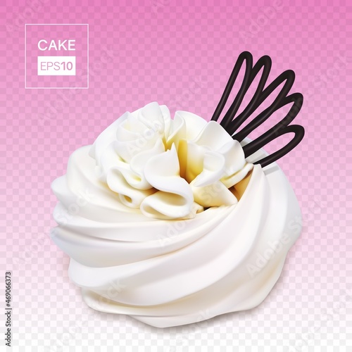 Realistic meringue cake and cream. Vector illustration of meringue cake on transparent background