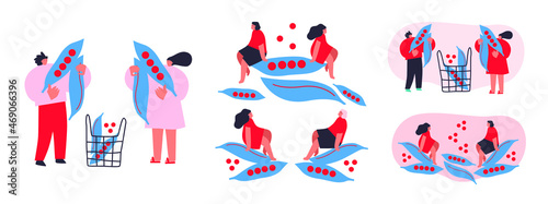 Vector illustration with young man and woman holding huge peas. Funny colored typography poster, apparel print design, cafe menu. Vegetables lover concept. Isolated. EPS 10. 