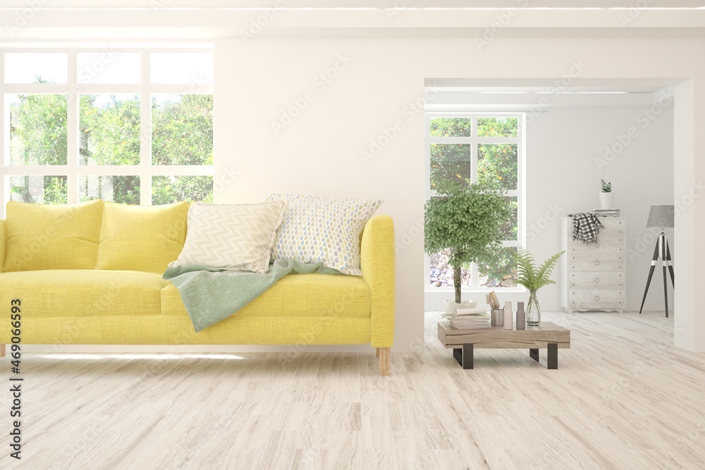 Fototapeta premium White living room with sofa and summer landscape in window. Scandinavian interior design. 3D illustration