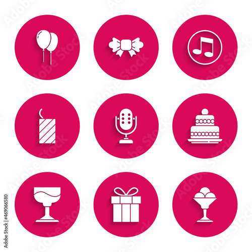 Set Microphone, Gift box, Ice cream in bowl, Cake, Cocktail, Firework rocket, Music note, tone and Balloons with ribbon icon. Vector