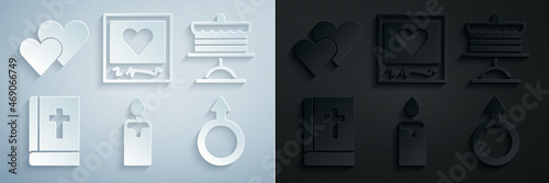 Set Burning candle, Cake on plate, Holy bible book, Male gender symbol, Photo frames hearts and Heart icon. Vector