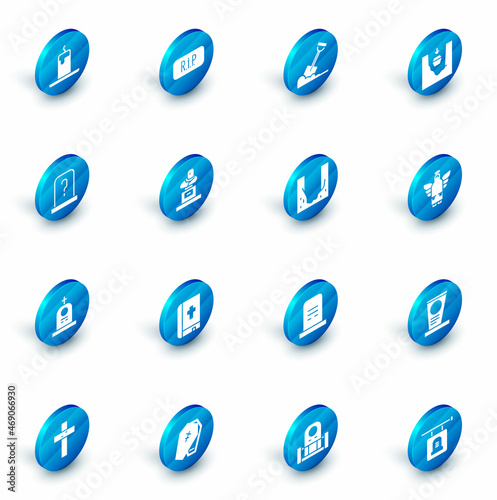 Set Speech bubble rip death, Shovel in the ground, Coffin grave, Grave with tombstone, Christmas angel and Cemetery digged hole icon. Vector