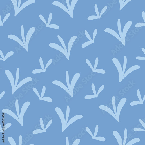 Abstract grass doodle seamless pattern. Hand drawn floral motive blue monochrome trendy background. Simple botanical scandinavian print with wildflower leaves.