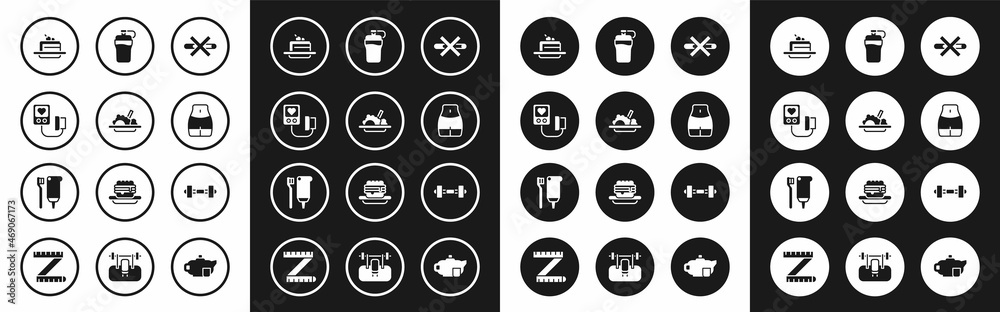 Set No Smoking, Healthy food, Blood pressure, Cake, Women waist, Fitness shaker, Dumbbell and Toothbrush and toothpaste icon. Vector