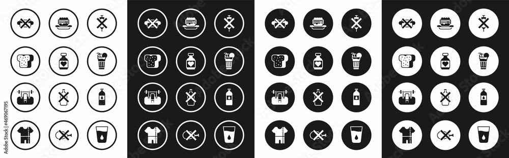 Set No doping syringe, Vitamin pill, Bread toast, junk food, Fresh smoothie, Junk, Bottle of water and Bench with barbel icon. Vector