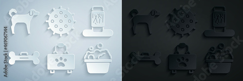 Set Pet first aid kit, Cat scratching post, Dog bone, Pets bath, Tennis ball and icon. Vector