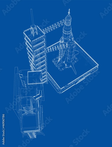 Space Rocket on launch pad. Vector