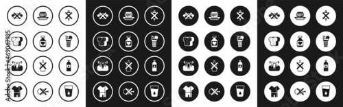 Set No doping syringe, Vitamin pill, Bread toast, junk food, Fresh smoothie, Junk, Bottle of water and Bench with barbel icon. Vector