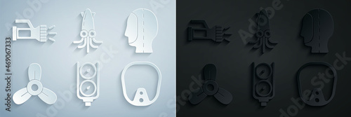 Set Gauge scale, Diving hood, Boat propeller, turbine, mask, Octopus and Flashlight icon. Vector