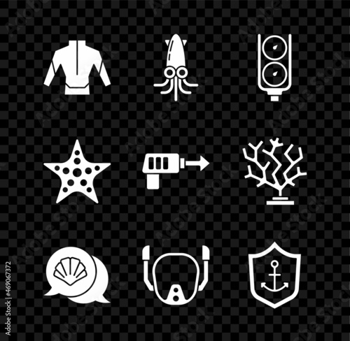Set Wetsuit, Octopus, Gauge scale, Scallop sea shell, Diving mask, Anchor inside shield, Starfish and Fishing harpoon icon. Vector