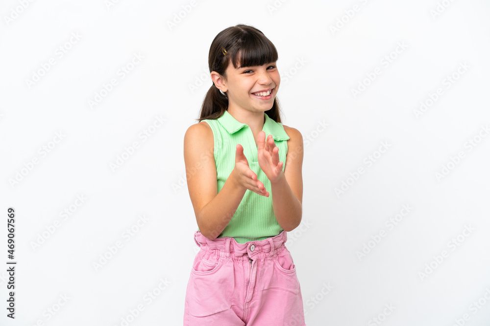 Little caucasian kid isolated on white background applauding after presentation in a conference Little caucasian kid isolated on white background applauding after presentation in a conference