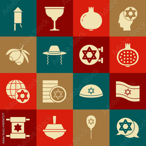 Set Star of David, Flag Israel, Pomegranate, Orthodox jewish hat, Olives branch, Firework rocket and Jewish synagogue icon. Vector