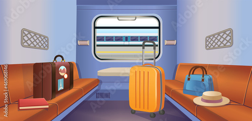 Train interior inside view with luggage and the train station in the window. Train travel.Vector illustration