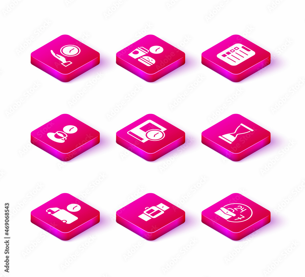 Set Delivery time, Smartwatch, Coffee, Time for book, Always busy, Old hourglass with sand, To do list planning and Fast food icon. Vector