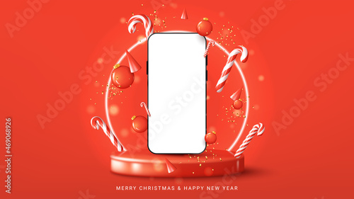Merry Christmas and Happy New Year banner. Christmas vector illustration. Smartphone with blank screen stands on red podium with neon circle on background. Happy New Year card with mobile device.
