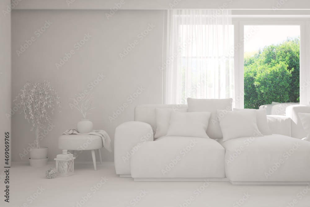 Mock up of stylish room in white color with sofa and green landscape in window. Scandinavian interior design. 3D illustration Mock up of stylish room in white color with sofa and green landscape in window. Scandinavian interior design. 3D illustration