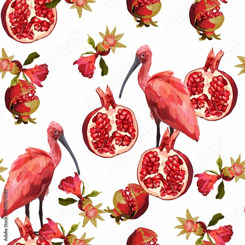 Birds Scarlet Ibis in the thickets with palm leaves and pomegranate fruit with flowers. Hand drawn  illustration. Tropical jungle on white background.