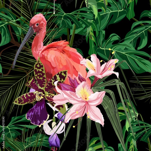 Birds Scarlet Ibis in the thickets with palm leaves and exotic flowers. Hand drawn  illustration. Tropical jungle on white background.