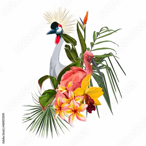 Tropical Invitation, floral invite thank you, rsvp modern card Design. Tropical bouquet with exotic tropical rainforest Scarlet Ibis, Crane bird and green leaves, palms and flowers.