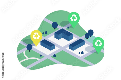 Waste sorting location pins vector illustration, in flat design. City recycling stations infographic. 