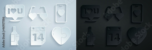 Set Calendar with February 14, Online dating app and chat, Champagne bottle, Heart, shaped love glasses and Speech bubble I you icon. Vector