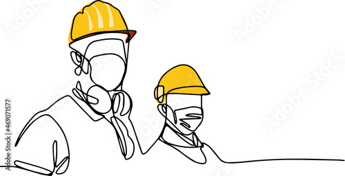 Continuous one line drawing of Industry maintenance engineer woman wearing uniform and safety helmet under inspection by tablet. Minimal outline concept