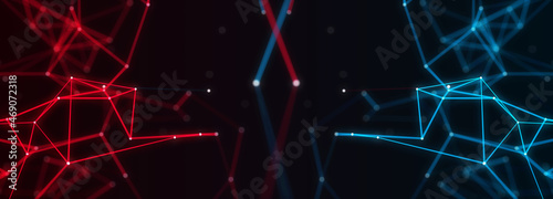 Glowing plexus of two colors. Abstract digital background of points and lines. Big data. Network or connection. Abstract technology science background. 3d rendering