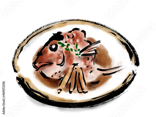 鯛のかぶと煮の和風手描き筆書きイラスト