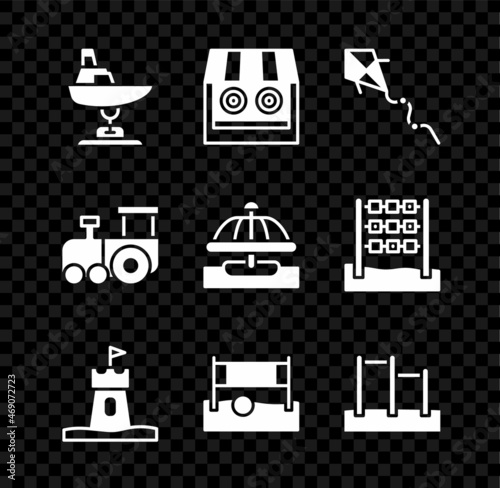Set Swing boat, Shooting gallery, Kite, Sand tower, Volleyball net with ball, Horizontal bar, Toy train and Attraction carousel icon. Vector