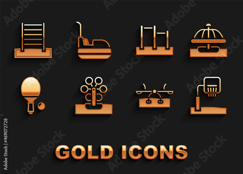 Set Ferris wheel, Attraction carousel, Basketball backboard, Seesaw, Racket and, Horizontal bar, Swedish wall and Bumper icon. Vector