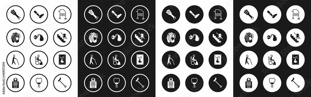 Set Walker, Hearing aid, Prosthesis leg, Disabled elevator, Separated toilet for disabled and Blind human holding stick icon. Vector Set Walker, Hearing aid, Prosthesis leg, Disabled elevator, Separated toilet for disabled and Blind human holding stick icon. Vector