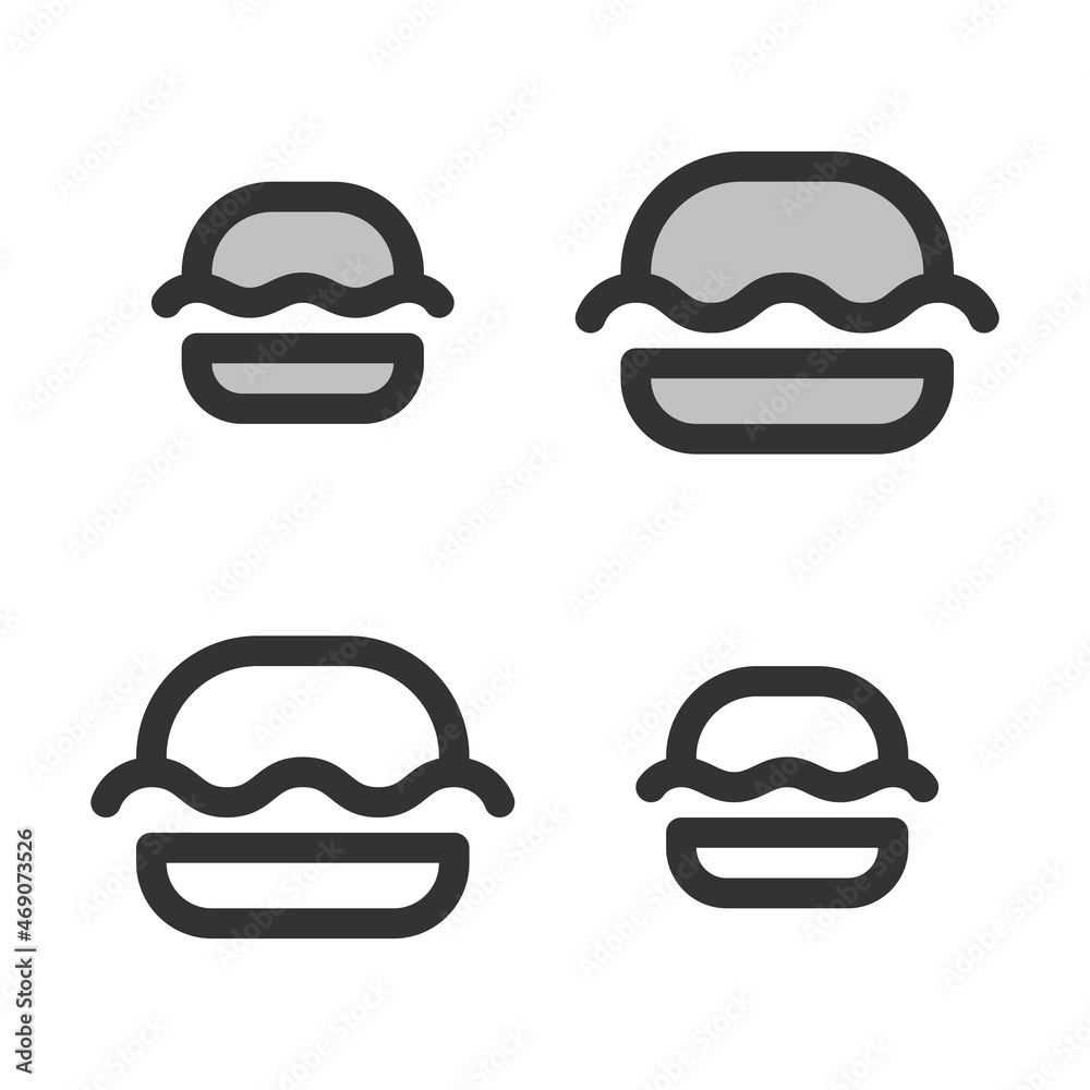 Pixel-perfect linear icon of cheeseburger built on two base grids of 32 x 32 and 24 x 24 pixels. The initial base line weight is 2 pixels. In two-color and one-color versions. Editable strokes