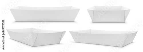 Blank empty paper universal tray for hot dog, sandwich or other fastfood. Set of various mockup views. Vector isolated realistic template illustration.