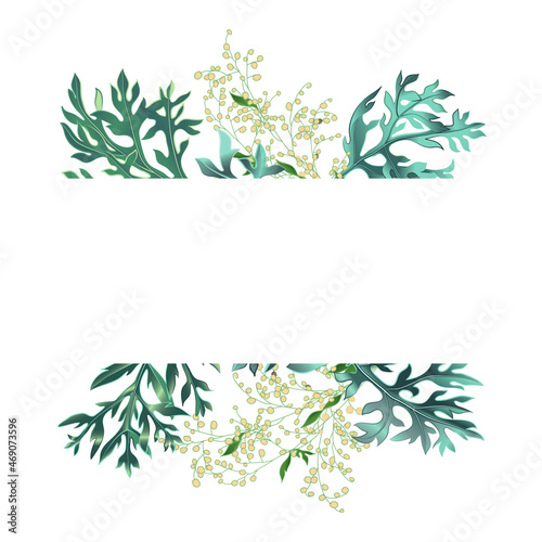 Floral banner frame with wormwood leaves and flowers on white background.