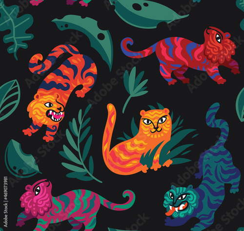 Tropical seamless pattern with Chinese tigers. Vector illustration