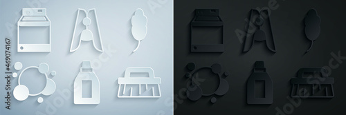 Set Bottle for cleaning agent, Feather, Soap water bubbles, Brush, Clothes pin and Washer icon. Vector