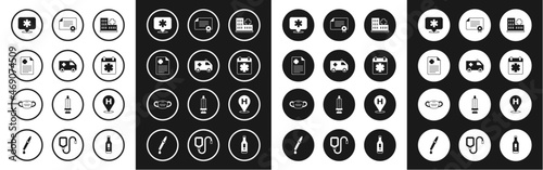 Set Hospital building, Ambulance car, Patient record, Location hospital, Doctor appointment, Certificate template, and Medical protective mask icon. Vector