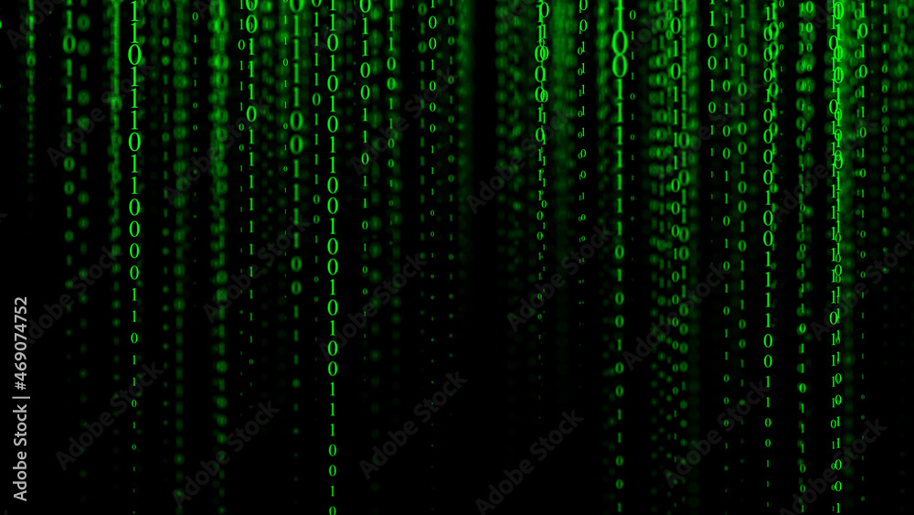 Green matrix background. Technology stream binary code. Digital illustration. Programming, coding, hacking and encryption. 3d rendering.