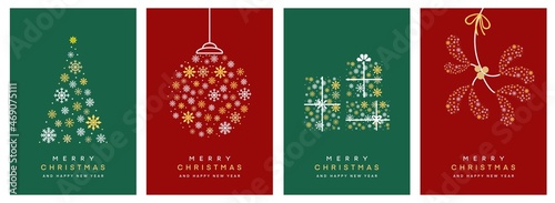 モダンでシンプルなクリスマスカードセット4種（緑/赤）　Merry Christmas modern card set elements greeting text lettering green and red background