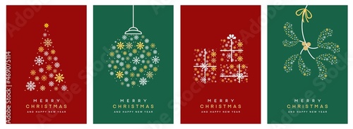 モダンでシンプルなクリスマスカードセット4種（赤/緑）　Merry Christmas modern card set elements greeting text lettering red and green background