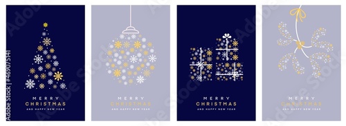 モダンでシンプルなクリスマスカードセット4種（青/グレー）　Merry Christmas modern card set elements greeting text lettering blue and gray background